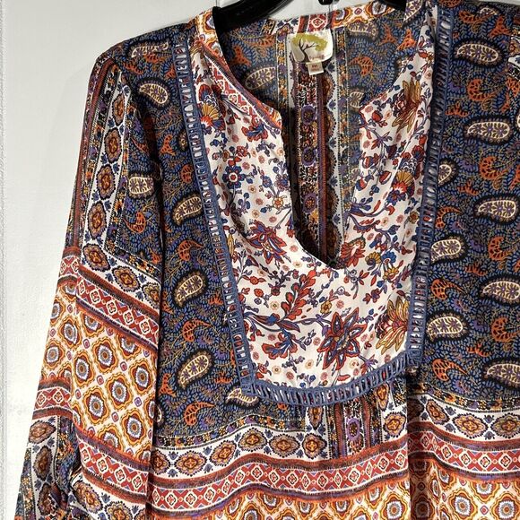 Fig and Flower Size Medium Anthropologie Boho Top Mixed Print Cottage Peasant - Picture 2 of 13